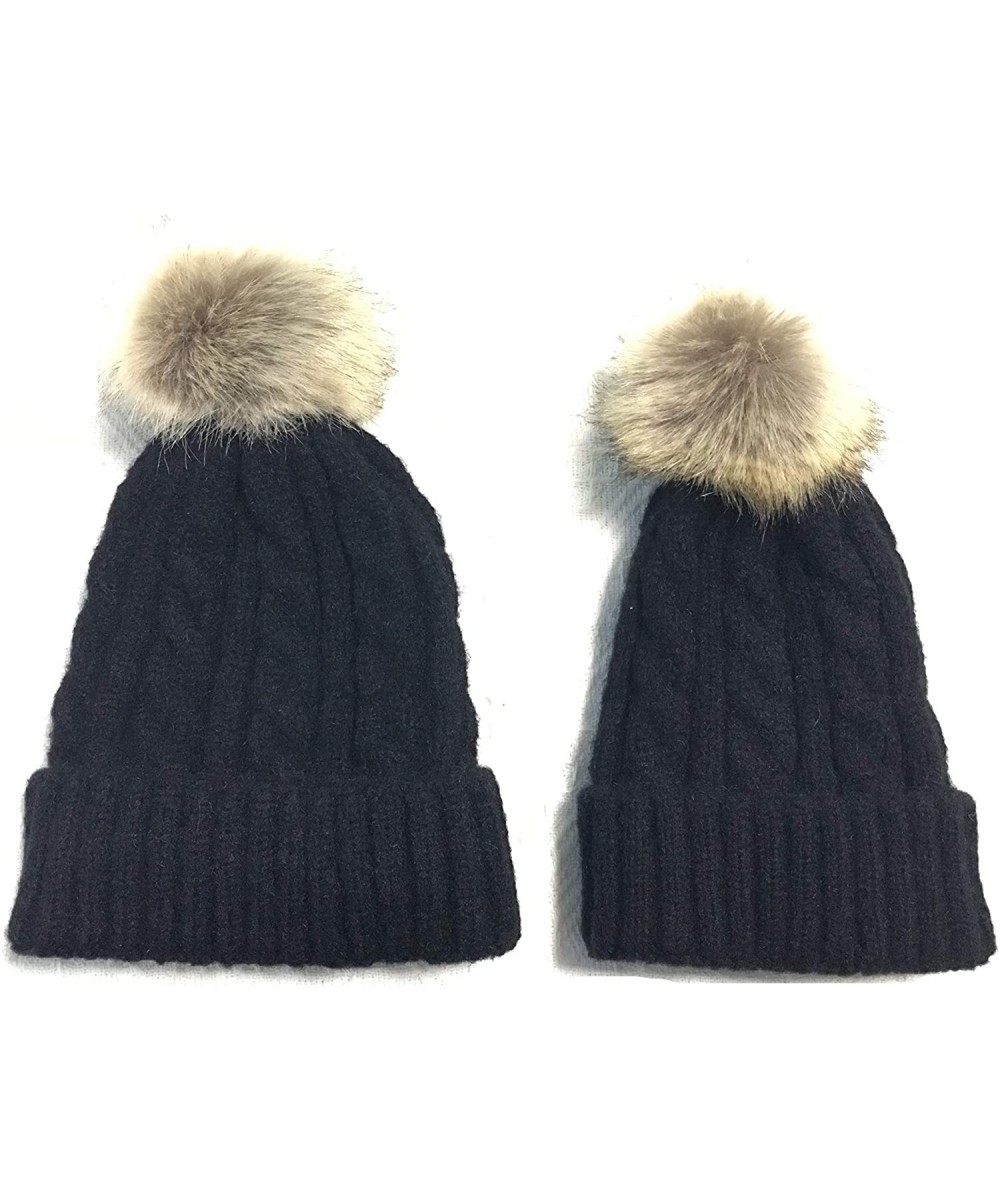 Skullies & Beanies 2PCS Parent-Child Hat Winter Warm Soft Knit Hat Beanie Ski Cap with Removable Pom Pom - Black - CD18T3COU9...