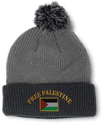 Skullies & Beanies Winter Pom Pom Beanie for Men & Women Free Palestine Flag Embroidery 1 Size - Grey Black - CC18ZH6RO4N $20.06