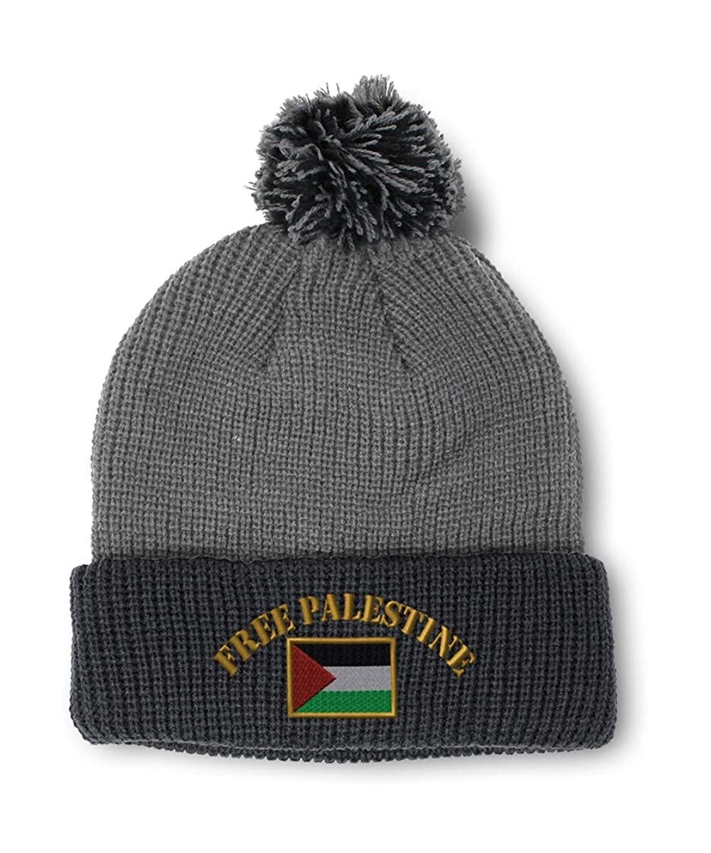 Skullies & Beanies Winter Pom Pom Beanie for Men & Women Free Palestine Flag Embroidery 1 Size - Grey Black - CC18ZH6RO4N $20.06