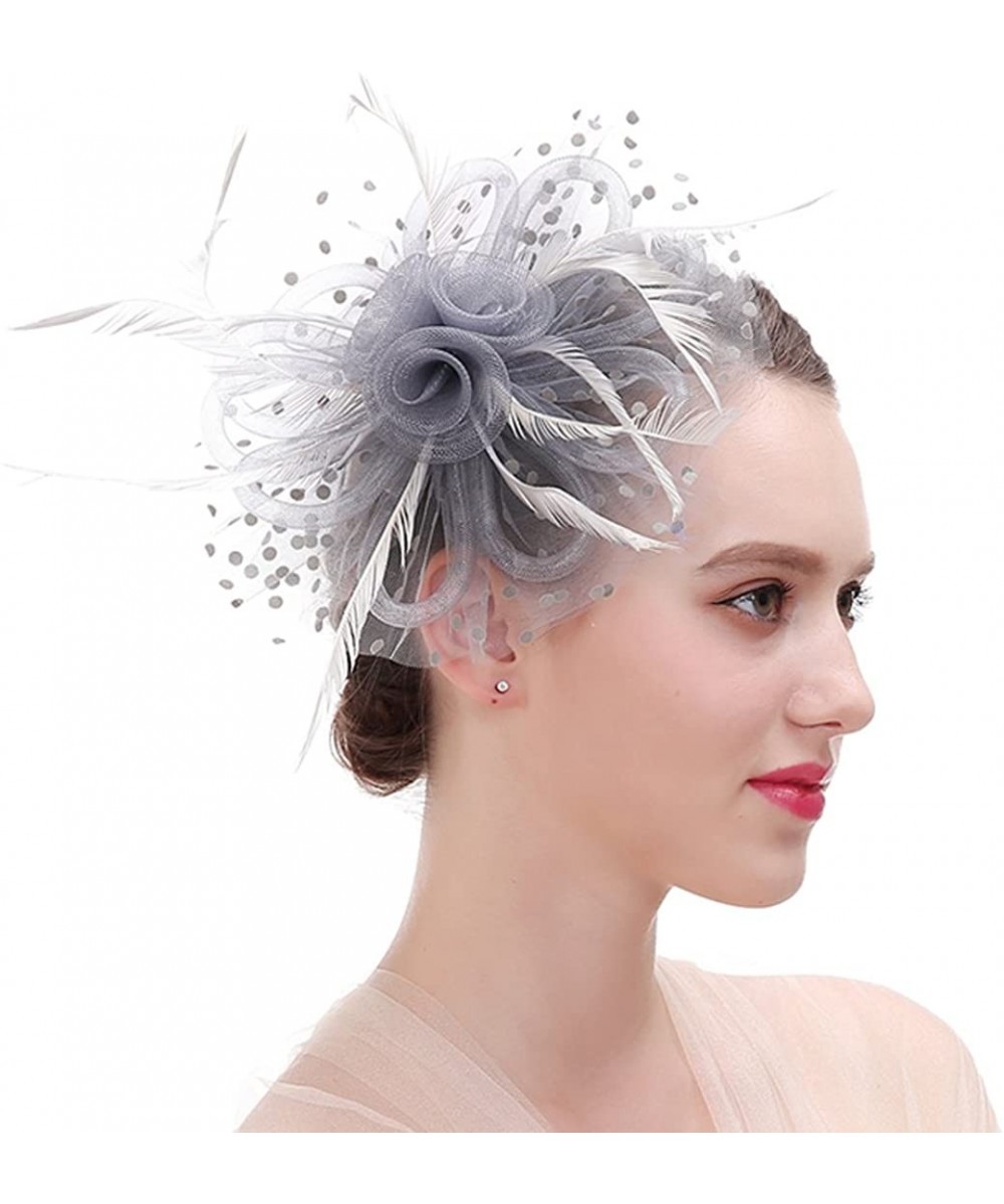 Headbands Feather Fascinators Headband and Clip for Women Tea Party Bridal Cocktai - Silver Grey - CI1868DGIAA $16.73
