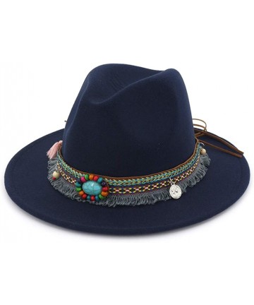 Fedoras Men Women Vintage Felt Fedora Hat Wide Brim Panama Hats with Buckle - Navy - CH18SO5T9GU $27.14