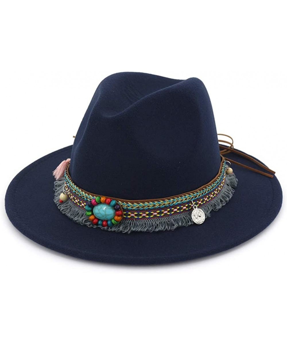 Fedoras Men Women Vintage Felt Fedora Hat Wide Brim Panama Hats with Buckle - Navy - CH18SO5T9GU $20.62