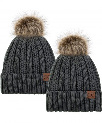 Skullies & Beanies Thick Cable Knit Hat Faux Fur Pom Fleece Lined Cap Cuff Beanie 2 Pack - Dk Melange/Dk Melange - CW1924A3D2...