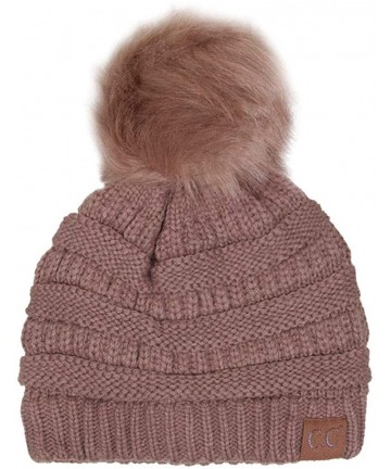 Skullies & Beanies Exclusive Soft Stretch Cable Knit Faux Fur Pom Pom Beanie Hat - Taupe - CZ12N1VGSIJ $18.29
