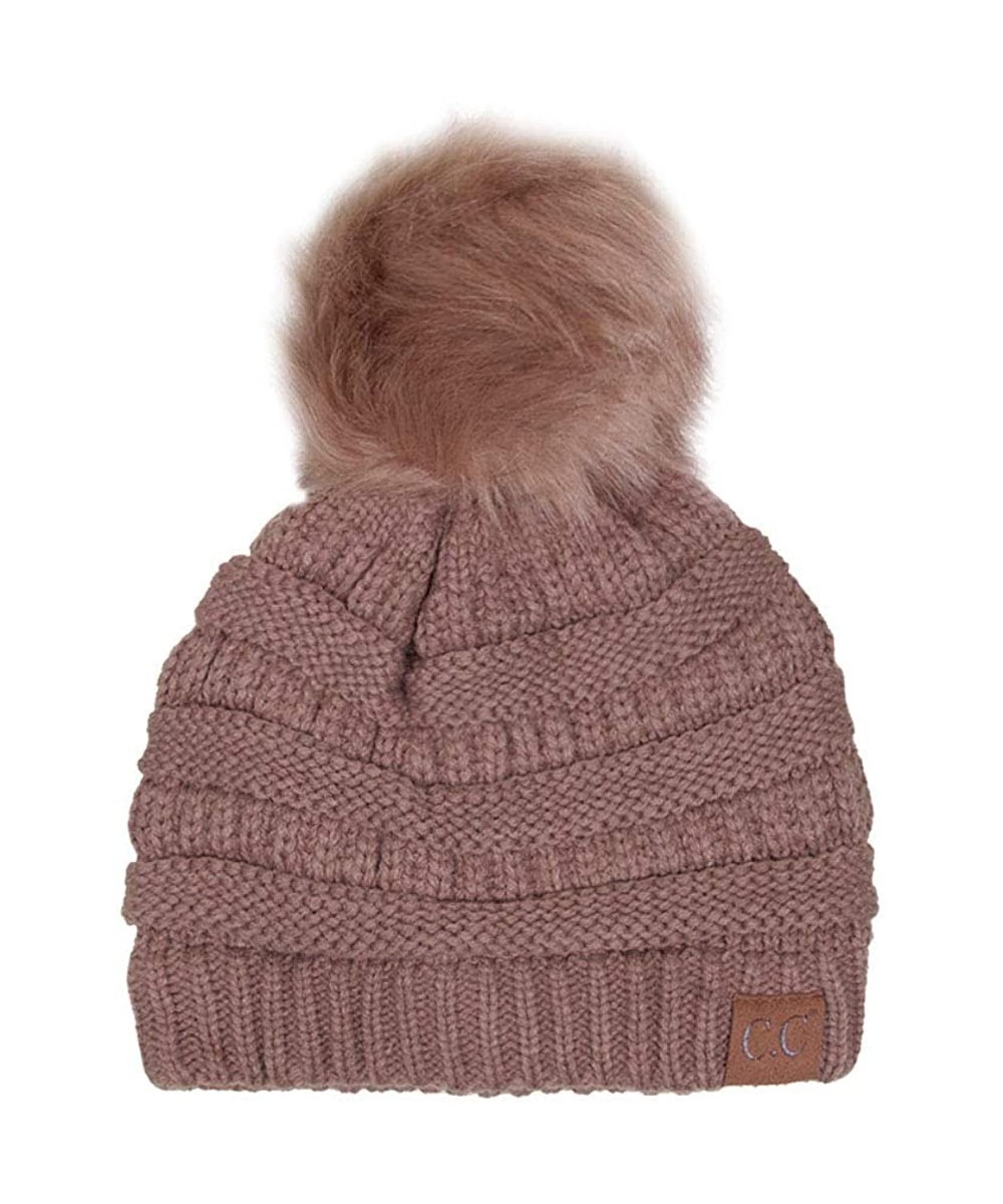 Skullies & Beanies Exclusive Soft Stretch Cable Knit Faux Fur Pom Pom Beanie Hat - Taupe - CZ12N1VGSIJ $18.29