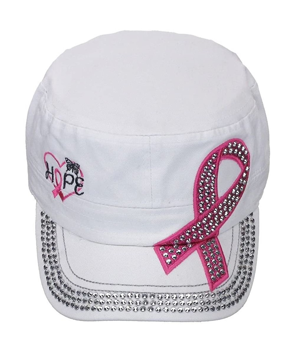 Baseball Caps Women's Pink Ribbon Hope Embroidery Crystal Brim Military Style Cadet Cap Hat - White - C512IQNVARF $19.50