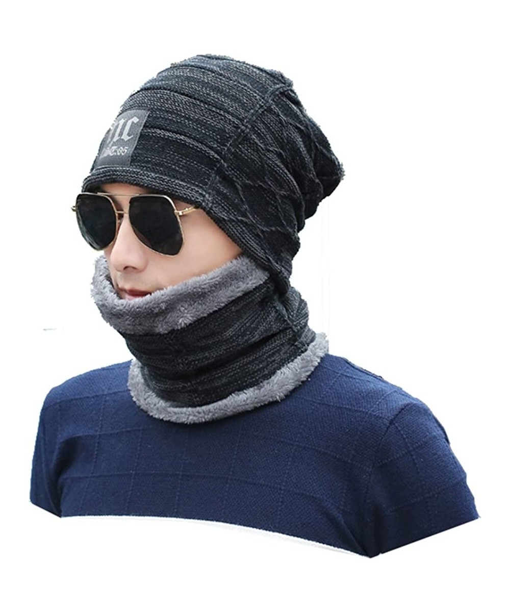 Skullies & Beanies Mens Warm Knit Outdoors Ski Thick Hat/Cap Set for Winter - Black - CT187OT2HEY $45.56
