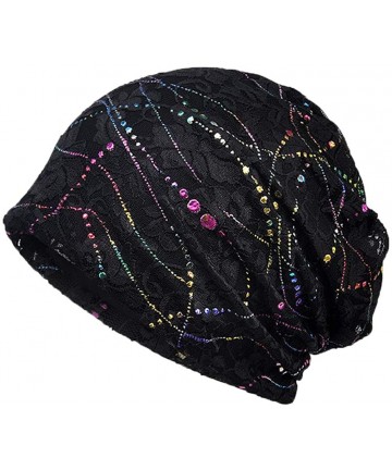 Skullies & Beanies Women's Cotton Beanie Lace Turban Soft Sleep Cap Chemo Hats Fashion Baggy Slouchy Hat - A-black - C418WORM...