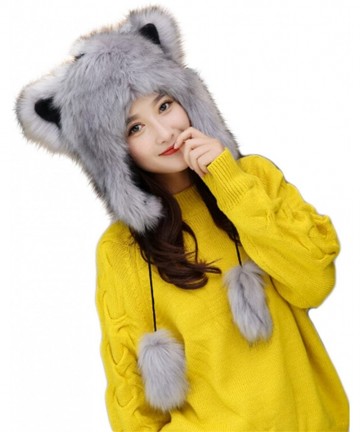 Skullies & Beanies Cute Warm Plush Fluffy Faux Fur Hood Hat Spirit Ears Wolf Bear Cat Costume Hat - Grey - CA188GWDWQX $34.47