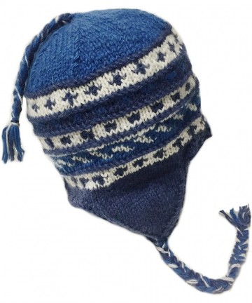 Skullies & Beanies Nepal Hand Knit Sherpa Hat with Ear Flaps- Trapper Ski Heavy Wool Fleeced Lined Cap - White/Blue - CQ12O9Q...