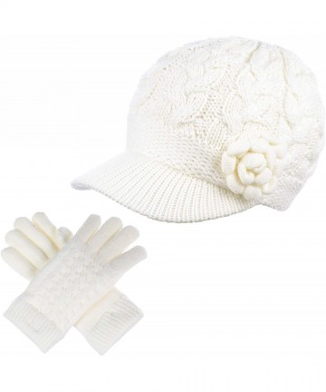 Newsboy Caps Women's Winter Fleece Lined Elegant Flower Cable Knit Newsboy Cabbie Hat - Whitecable Flower-hat Gloves Set - CD...