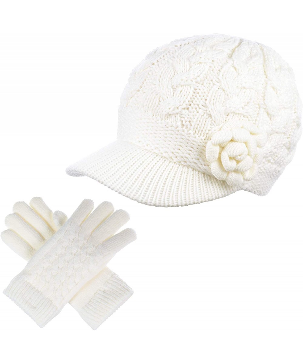 Newsboy Caps Women's Winter Fleece Lined Elegant Flower Cable Knit Newsboy Cabbie Hat - Whitecable Flower-hat Gloves Set - CD...