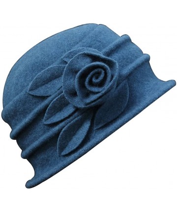 Bucket Hats Vintage Women Wool Church Cloche Flapper Hat Lady Bucket Winter Flower Cap - Blue - C5189KCA2WI $17.82