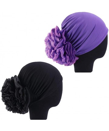 Skullies & Beanies 1Pack / 2Packs Women Flower Elastic Turban Beanie Head Wrap Chemo Cap Hat - 2pcs-purple&black - CV18XRXG3D...