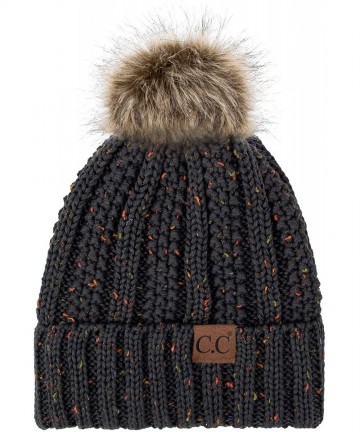 Skullies & Beanies Exclusives Fuzzy Lined Knit Fur Pom Beanie Hat (YJ-820) - Confetti Dk Melange Grey - CV192AESQN7 $24.30