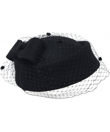 Berets Pillbox Hat Fascinator Beret Wedding Party Top Hat Church Wool Hat for Women - Black - CQ12MYP5R15 $30.83