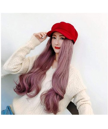 Newsboy Caps Women Newsboy Cabbie Beret Cap Visor Hat with Hair Attached Long Wavy Wig - Red - C218ZZD092R $26.57