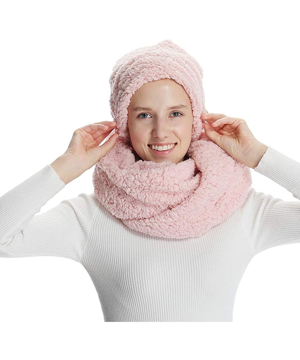 Skullies & Beanies Women Hat and Scarf Set Solid Faux Lamb Velvet Infinity Scarves Beanies Hats Winter Warm Set - Pink - CS18...