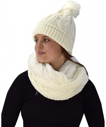Skullies & Beanies Thick Warm Crochet Beanie Hat & Plush Fur Lined Infinity Loop Scarf Set - Cream 97 - CL18YHERWGL $20.66