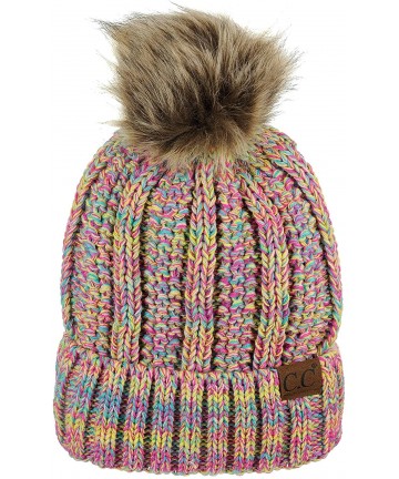 Skullies & Beanies Thick Cable Knit Faux Fuzzy Fur Pom Fleece Lined Skull Cap Cuff Beanie - Bright Mix - C218LUEEEGM $21.33