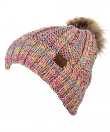 Skullies & Beanies Thick Cable Knit Faux Fuzzy Fur Pom Fleece Lined Skull Cap Cuff Beanie - Bright Mix - C218LUEEEGM $21.33