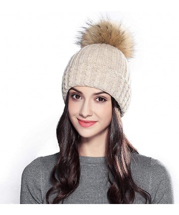 Skullies & Beanies Women Fashion Warm Winter Knitted Beanie Fur Ball Pom Hat Crochet Ski Cap - Beige - C418KELO2IA $24.54