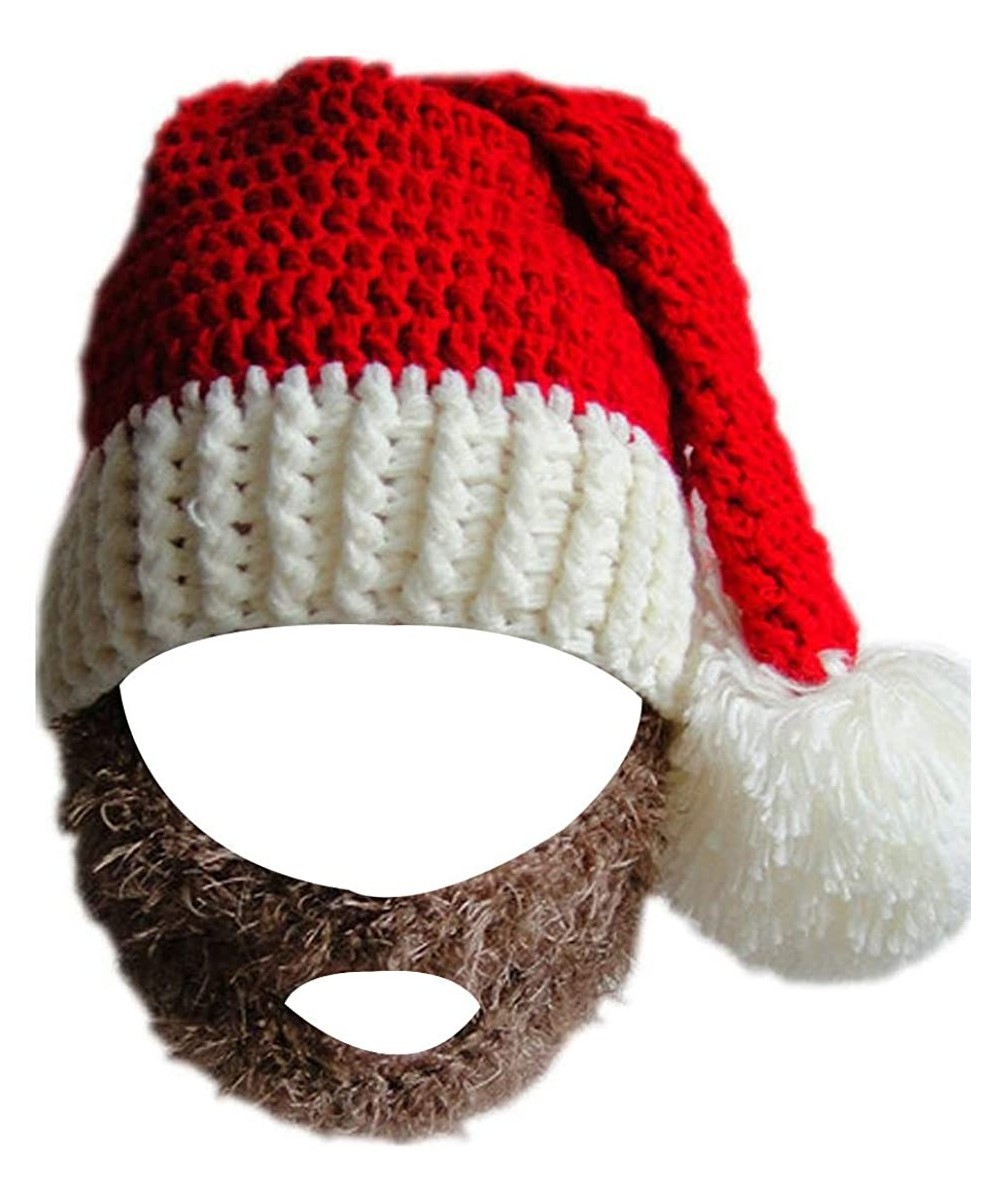 Skullies & Beanies Unisex Christmas Winter Knitted Crochet Beanie Santa Hat with Beard Foldaway Bearded Caps - Brown - CG128Q...