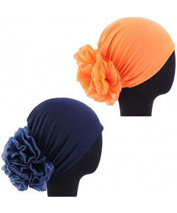 Skullies & Beanies 1Pack / 2Packs Women Flower Elastic Turban Beanie Head Wrap Chemo Cap Hat - 2pcs-navy&orange - CU18XS8WIWE...