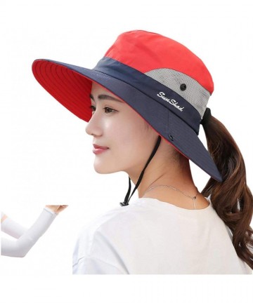 Sun Hats Women's Outdoor Sun Protection Wide Brim Mesh Fishing Hat Bucket Hat with Ponytails - Red - CA18G2QRELG $15.15