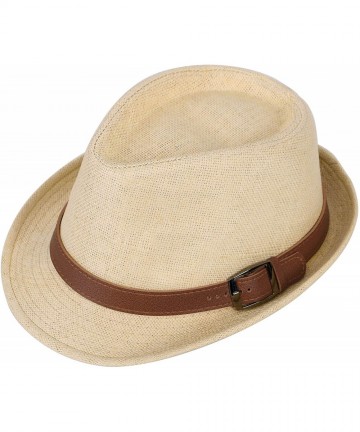 Fedoras Panama Style Trilby Fedora Straw Sun Hat with Leather Belt - A-natural - CY12IOFZROX $20.26