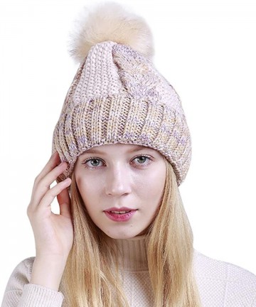 Skullies & Beanies Womens Hat Winter- Women Warm Winter Pom Pom Crochet Knit Wool Ski Caps Lined Beanie Hat - Beige - C1188RN...
