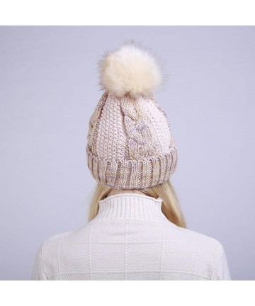 Skullies & Beanies Womens Hat Winter- Women Warm Winter Pom Pom Crochet Knit Wool Ski Caps Lined Beanie Hat - Beige - C1188RN...