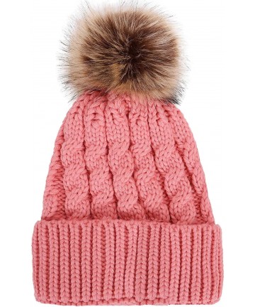 Skullies & Beanies Women's Winter Soft Knit Beanie Hat with Faux Fur Pom Pom - No Fleece Lined_pink - CB12N8RECDK $21.03