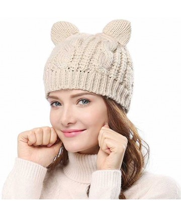 Skullies & Beanies Women's Hat Cat Ear Crochet Braided Knit Caps with Punk 3D Cat Stud Earring - Beige - C511HCU9RO3 $21.35