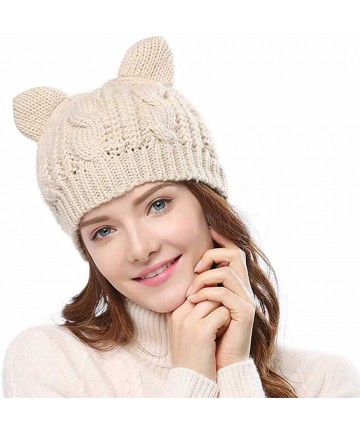 Skullies & Beanies Women's Hat Cat Ear Crochet Braided Knit Caps with Punk 3D Cat Stud Earring - Beige - C511HCU9RO3 $23.29
