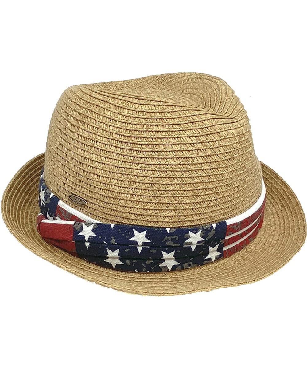 Fedoras UPF50+ Adjustable Multicolor Woven Pattern Short Brim Fedora Hat - Usa Band - Natural - CX199LWYX99 $35.40