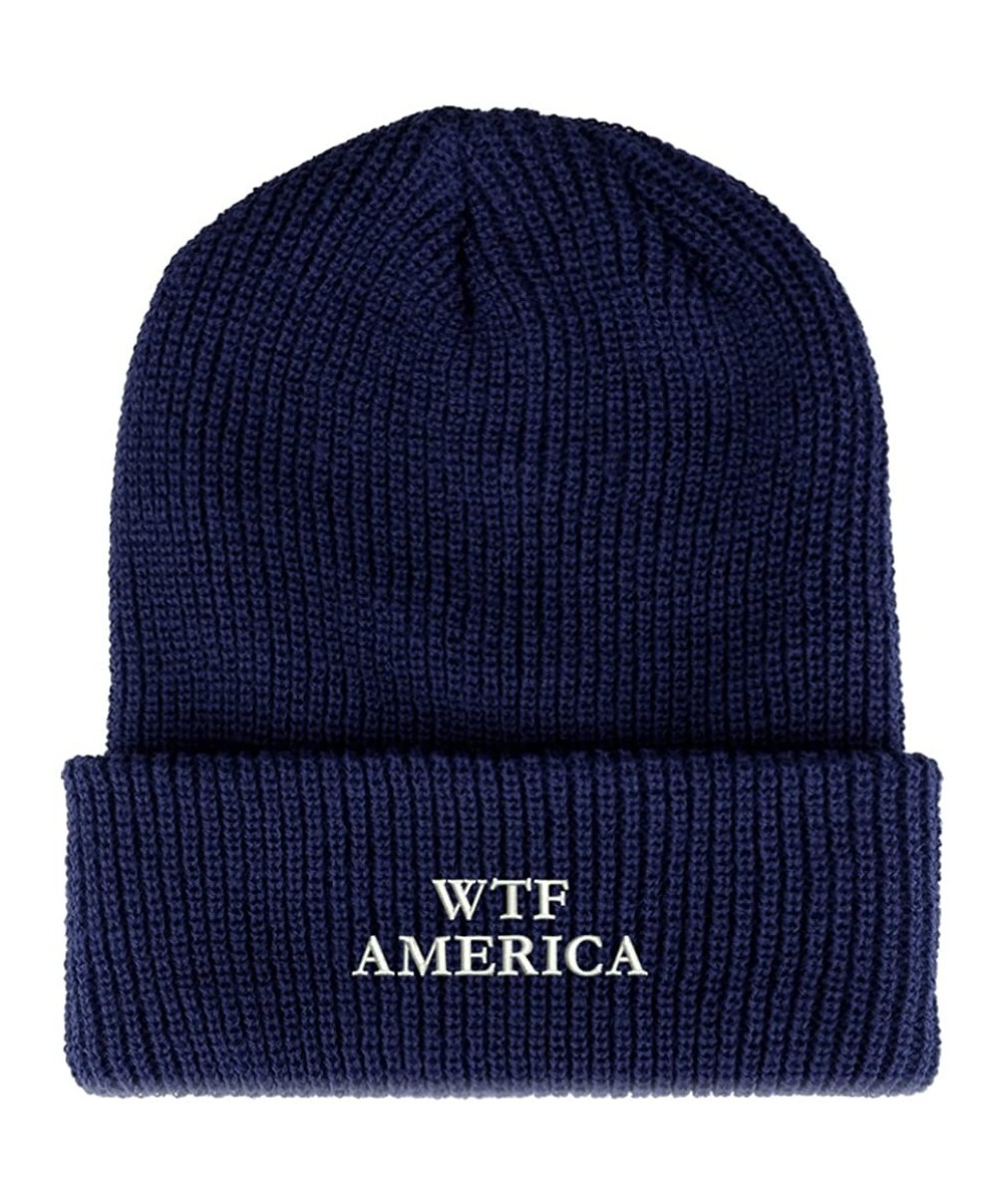 Skullies & Beanies WTF America Embroidered Ribbed Cuffed Knit Beanie - Navy - CJ189H4W2OH $22.37