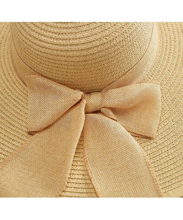 Sun Hats Womens Beach Hat Striped Straw Sun Hat Floppy Big Brim Hat - Khaki With Bow - C418ENM8EAZ $28.70