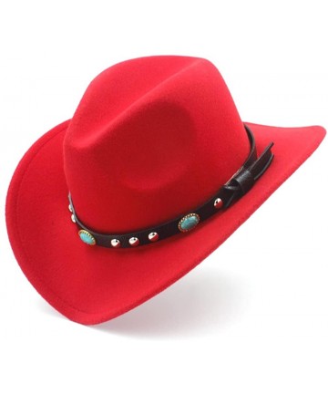 Cowboy Hats Fashion Women Men Western Cowboy Hat with Roll Up Brim Felt Cowgirl Sombrero Caps - Red - C018DAYNZZ9 $28.55