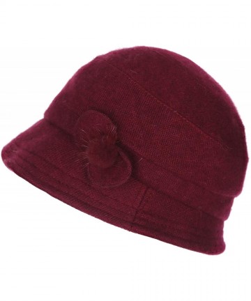 Skullies & Beanies Women's Rabbit Beanie Winter Hat Short Brim Bucket Vintage Hat Flower Accent - Wine Red - CT18L8DAKZ6 $23.96