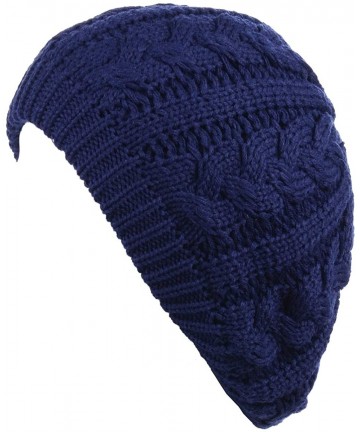 Berets Womens Winter Cozy Cable Fleece Lined Knit Beret Beanie Hat (Set Available) - Navy Cable - C318K0IZR9T $32.86