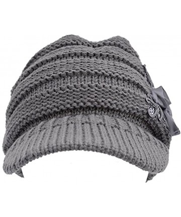 Skullies & Beanies C-US Women Winter Warm & Soft Knit Hat Crochet Visor Brim Cap with Flower Accent - Grey - CS184HK7W6H $20.23