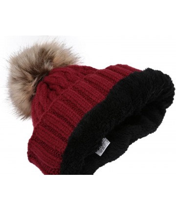 Skullies & Beanies Women's Winter Ribbed Knit Faux Fur Pompoms Chunky Lined Beanie Hats - Rope Burgundy - CE184RQKIL5 $12.87