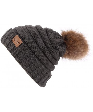 Skullies & Beanies Men Women Baggy Warm Crochet Faux Wool Knit Ski Beanie Skull Slouchy Caps Hat with Faux Fur Pompom - Brown...