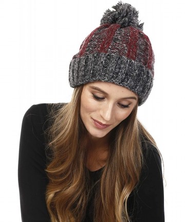 Skullies & Beanies Women's Acrylic Two Tone- Solid Faux Fur Pom Pom with Fleece Lining Beanie Hat - Charcoal + Burgundy - CP1...