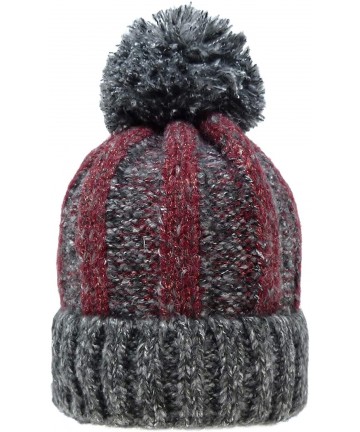 Skullies & Beanies Women's Acrylic Two Tone- Solid Faux Fur Pom Pom with Fleece Lining Beanie Hat - Charcoal + Burgundy - CP1...