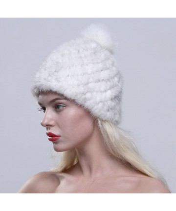 Skullies & Beanies Women Winter Hat Knit Mink Fur Beanie Cap with Fox Pom Pom Multicolor - Cross - CF12N4TZ4XB $52.99