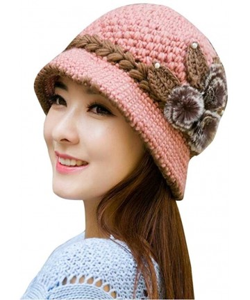 Skullies & Beanies Womens Hat Winter- Beret Cap- Elegant Womens Flower Knit Crochet Beanie Hat Winter Warm Cap - Pink - CR189...