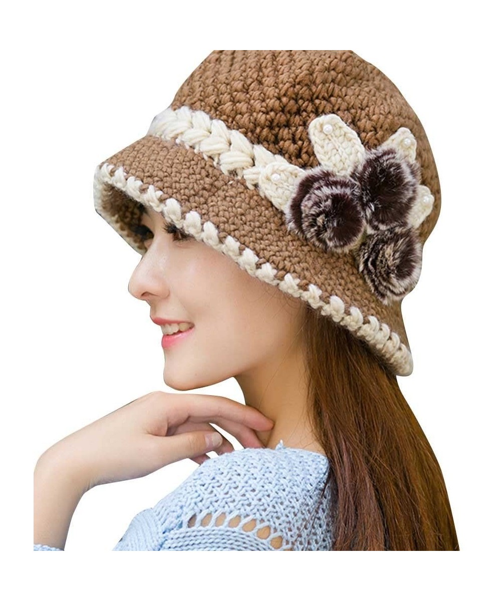 Skullies & Beanies Vintage Boho Cloche Hat Warm Crochet Knitted Decorative Flowers Wool Beret for Women Lady - Khaki - CS18I5...
