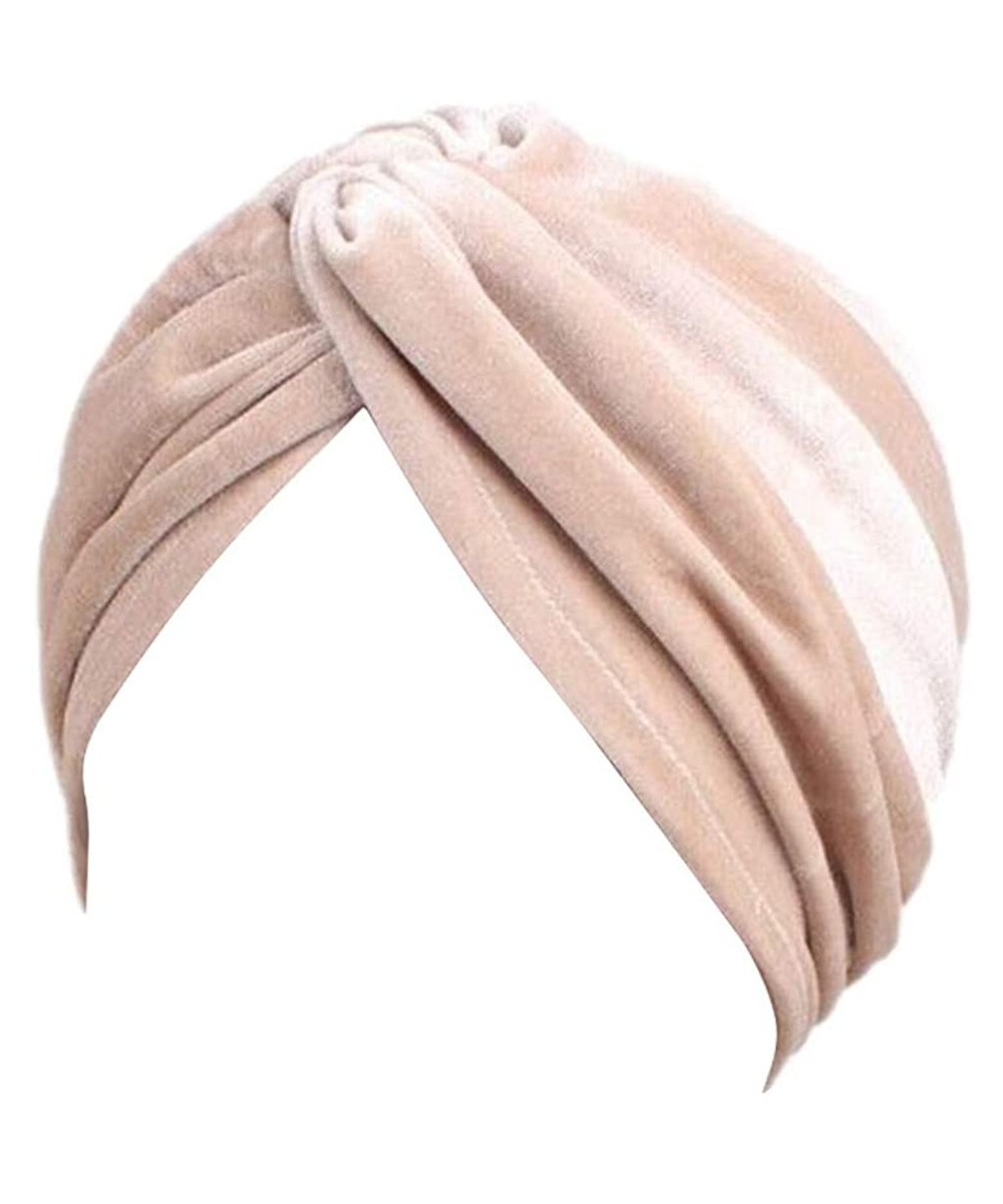 Skullies & Beanies Women's Stretch Velvet Twist Pleasted Hair Wrap Turban Hat Cancer Chemo Beanie Cap Headwear - Beige - CS18...